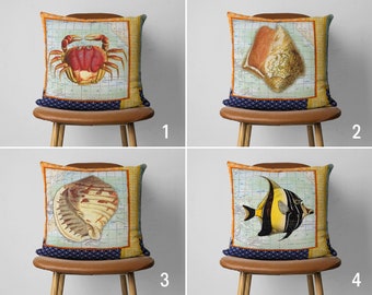 Nautical Fish & Crab Throw Pillow Cover, Coastal House Pillow Case, Marine Seashell Cushion Cover, Pillow Cover Only, Outdoor Decor