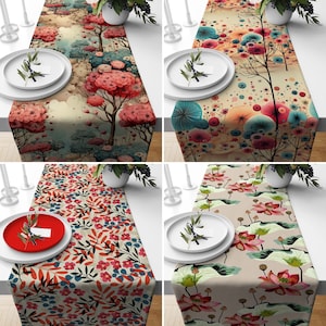 Flowers & Trees Table Runner, Pink Blue Floral Runner, Flowery Summer Spring Tablecloth, Bloomy Table Linens, Dining Room Decor, Any Size