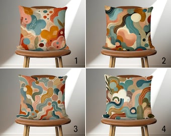 Boho Abstract Throw Pillow Case, Colorful Bohemian Style Throw Pillow Cover, Abstract Terracotta Blue Cushion Cover, Apartment Decor, 14x14