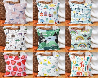 Colorful Kids Pillow Cover, Nursery Room Cushion Cover, Playroom Bedding Decor, Cute Pillowcase, Any Size Pillows, Cover Only, 18x18 14x14