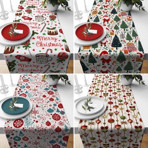 Christmas Table Runner, Joyful & Festive Holiday Runner, Pine Tree Ornaments Tablecloth, New Year Decor, Merry Christmas Gift, Any Size