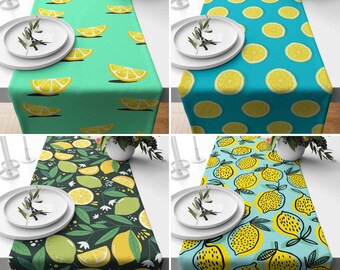 Lemon Pattern Table Runner, Yellow Green Blue Kitchen Runner, Citrus Tablecloth, Dining Table Decor, Summer House Decor, Any Size Runner