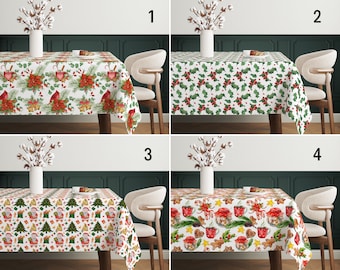 Christmas Tablecloth, Red & Green Joyful Winter Holiday Tablecloth, Poinsettia Holly Flower Cookie Jar and Santa Claus Tablecloth, Any Size