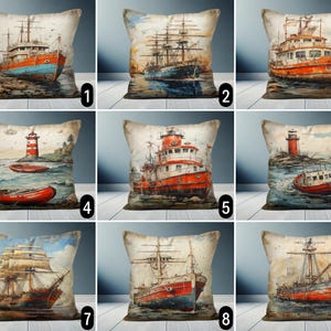 Vintage Ship & Lighthouse Pillow Cover, Nautical Marine Pillow Cover, Rustic Coastal Throw Pillow Case, Beach House Decor, Digital Print