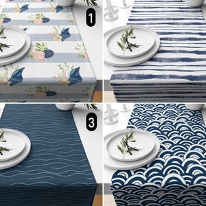 Blue Coastal Marine Table Runner, Ocean Waves & Seashells Table Runner, Nautical Sea Design Table Runner, Boho Blue Summer Beach House Decor