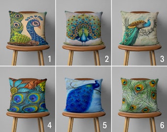 Blue & Green Animal Cushion Cover, Colorful Peacock Throw Pillow Cover, Bedroom Decor, Pillow Case Only, Any Size Pillow, Luxury Pillow