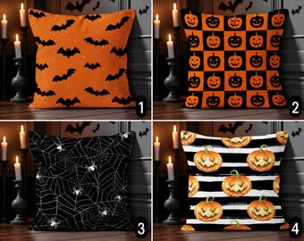 Schwarzer oranger Halloween-Kissenbezug, gruseliger Halloween-Kissenbezug, Spinnen-Kürbisse, Jack-o-Lantern-Kissenbezug, Halloween-Geschenk, 24x24