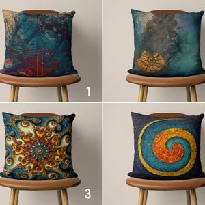 May include: Four different throw pillow designs featuring abstract patterns in shades of blue, orange, yellow, and brown. The pillows are displayed on brown chairs with wooden legs.