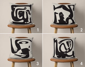 Modern Abstract Pillow Cover, Surreal Groovy Figures Pillow Case, Black Cushion Cover, Any Size Throw Pillow Cover, 18x18 20x20 24x24