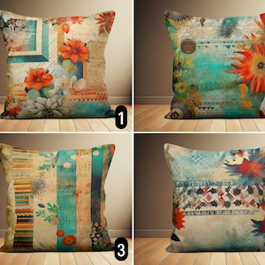 Könnte beinhalten: Vier verschiedene gemusterte Kissenbezüge in Türkis, Orange und Braun. Die Kissen zeigen abstrakte Designs mit geometrischen Formen und Blumenmustern.