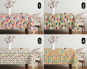 Toalha de mesa colorida em estilo moderno de meados do século XX, toalha de mesa geométrica retrô abstrata, toalha de mesa personalizada com toque nostálgico escandinavo, decoração de cozinha dos anos 60 e 70.