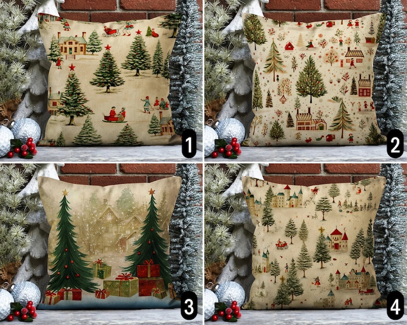 Vintage Style Winter Throw Pillow Case, Pine Tree Forest Christmas ...