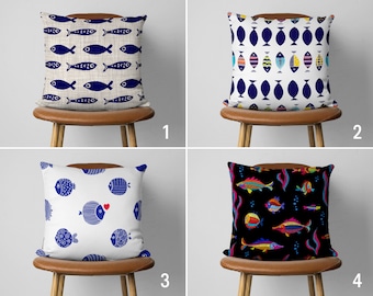 Fish Pattern Pillow Cover, Coastal Sea Life Pillow Case, Blue Marine Cushion Cover, Nautical Decor, Any Size Pillow, 20x20 18x18, Cover Only