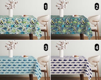 Fish Tablecloth, Coastal Marine Sea & Ocean Life Tablecloth, Tropical Nautical Summer Tablecloth, Blue Beach House Decor, Dining Room Decor
