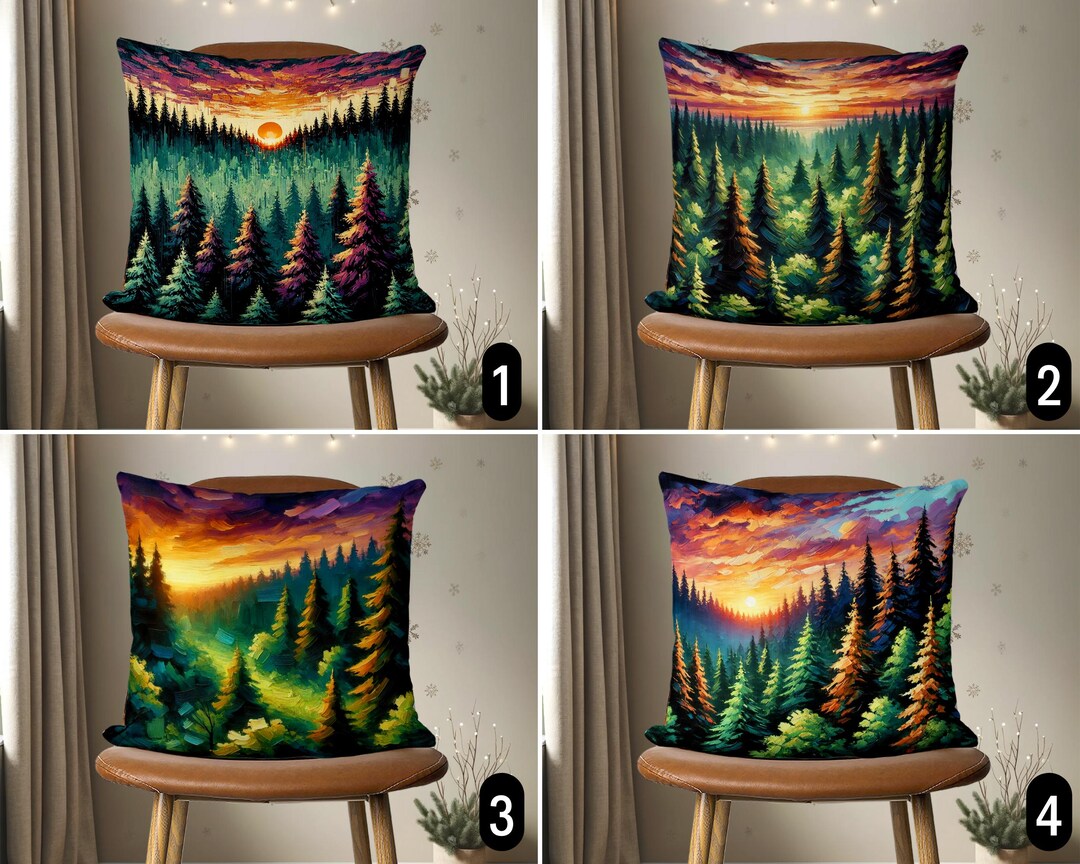 Pine Tree Forest at Sunset Pillow Cover, Winter Evergreen Tree Throw ...