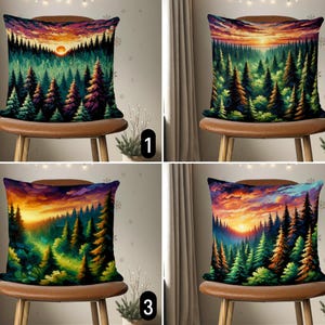 Federa per cuscino con foresta di pini al tramonto, federa per cuscino con albero sempreverde invernale, federa per cuscino con cielo colorato e vista sulle montagne, decorazioni natalizie