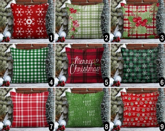Plaid Christmas Throw Pillow Cover, Tartan & Check Pattern Holiday Pillow Case, Boho Winter Pillow Case, Snowflake and Holly Berry Decor