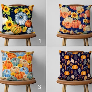 Orange & Blue Pumpkin Pillow Cover, Fall Pillow Case, Autumn Pumpkins Cushion Cover, Thanksgiving Gift, Dorm Room Decor, Country House Decor