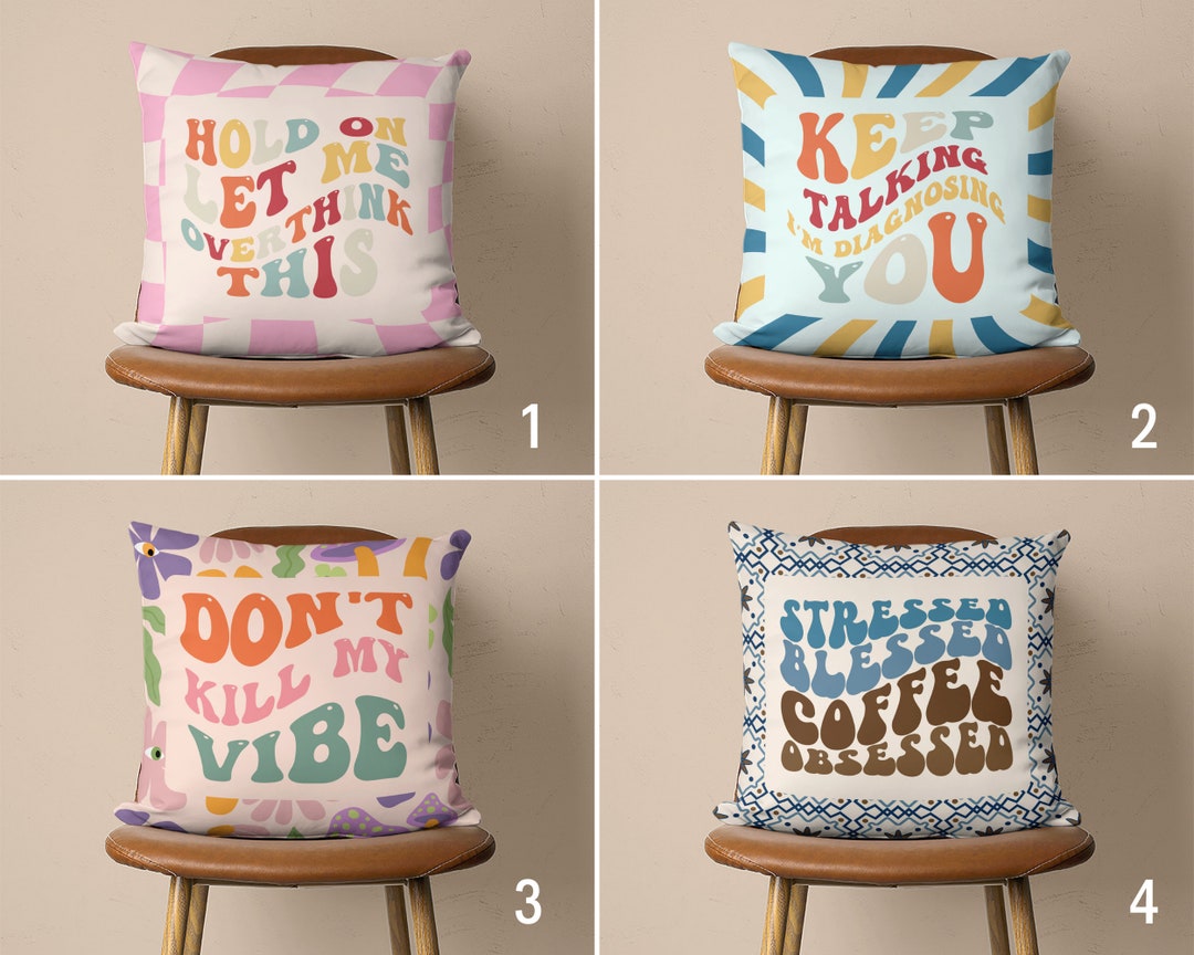 Funny Quotes Pillow Cover, Groovy Letter Words Cushion Cover, Retro
