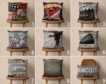 Poszewka na poduszkę do kina w stylu retro, poszewka na poduszkę do kina domowego, poszewka na poduszkę z popcornem, dekoracja w kolorze czarno-czerwono-szarym, dekoracja sali kinowej