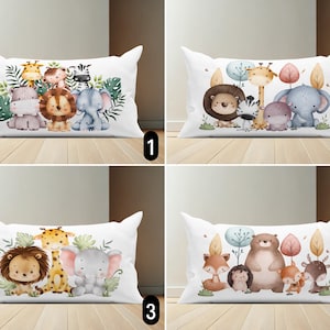 May include: Four white pillowcases featuring colourful animal illustrations. The pillows depict a variety of animals, including a giraffe, lion, elephant, zebra, hippopotamus, bear, and fox. The animals are illustrated in a cartoon style with bright colours and playful expressions.