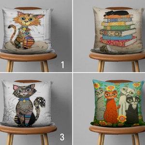 Cute Cat Throw Pillow Case, Cat Illustration Cushion Cover, Funny Kitten Pillow Cover, Any Size Pillows, College Dorm Room Decor, Cover Only
