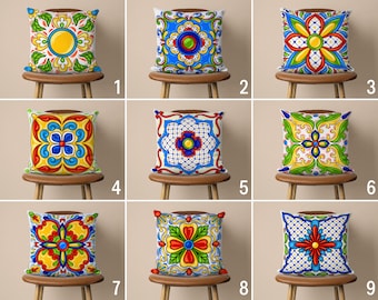 Colorful Tile Pattern Pillow Case, Spanish Tiles Pillow Cover, Mediterranean Cushion Cover, Any Size Pillow, Decorative Cushions, Cover Only
