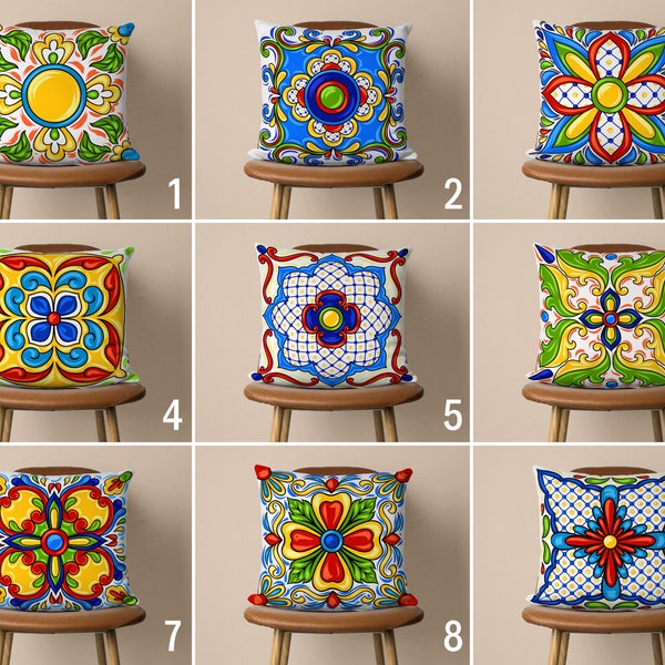Colorful Tile Pattern Pillow Case, Spanish Tiles Pillow Cover, Mediterranean Cushion Cover, Any Size Pillow, Decorative Cushions, Cover Only