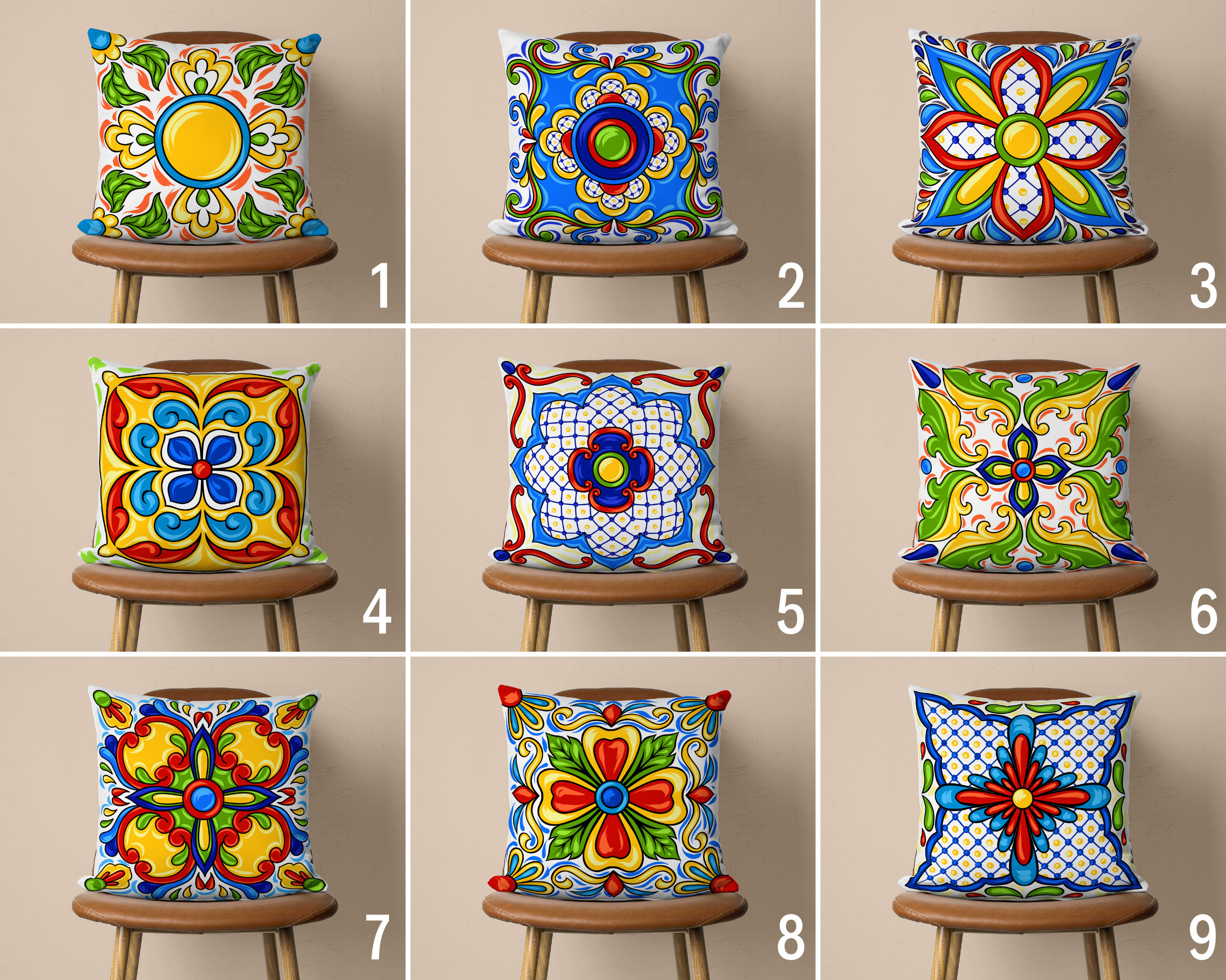 Set Of 4 Talavera Style Pillow Covers - 18x18 Inch, Mexican Spanish Ceramic Print, Linen-Cotton Blend - View #11