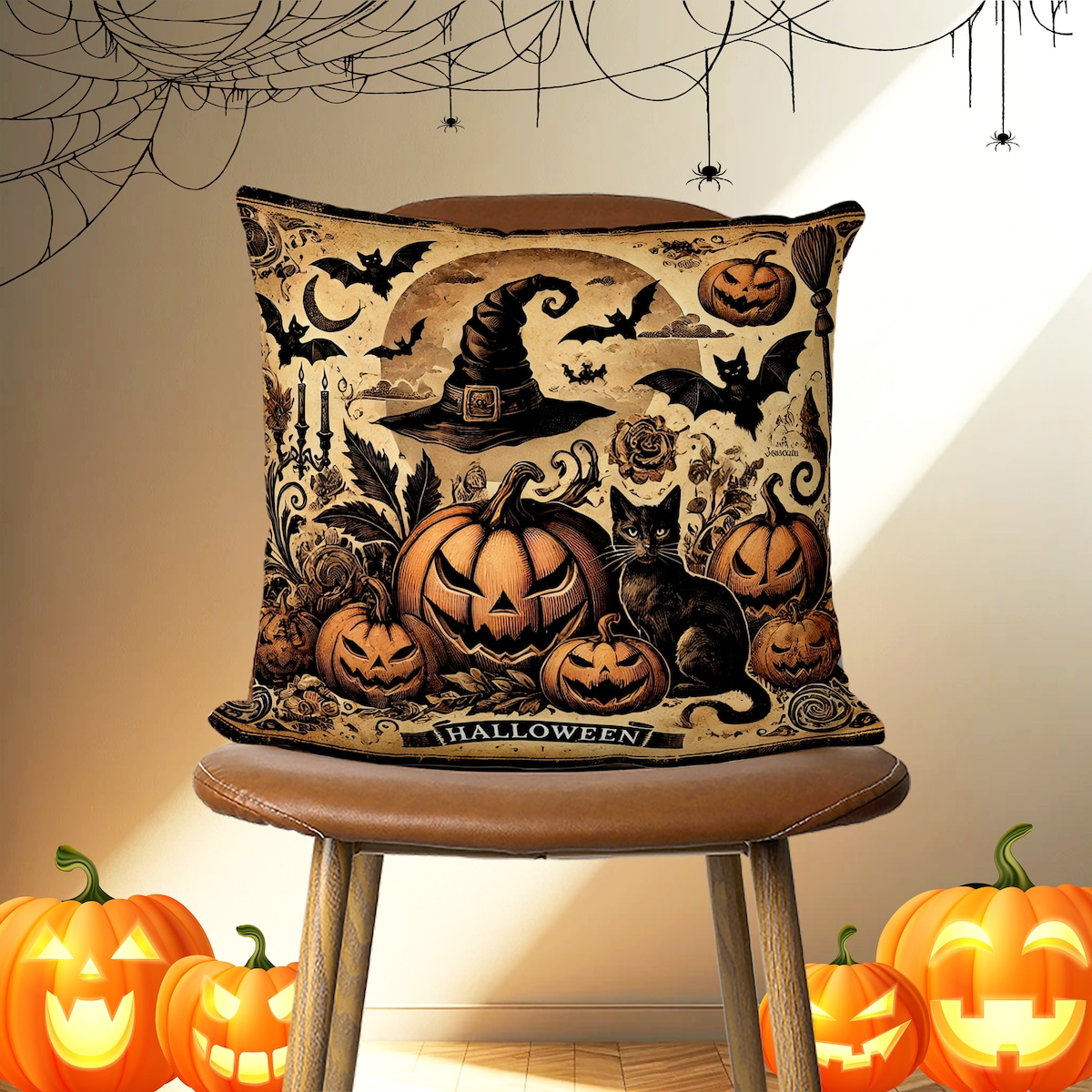 Vintage Halloween Design Pillow Cover, Old School Style Spooky Halloween Cushion Cover, Witch & Jack-o'lantern Pillow Case, Halloween Gift - Etsy