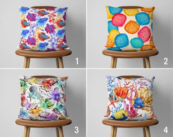 Colorful Coastal Sea Life Pillow Case, Fish & Seashell Pillow Cover, Vivid Marine Cushion Cover, Nautical Decor, Decorative Pillow Cover
