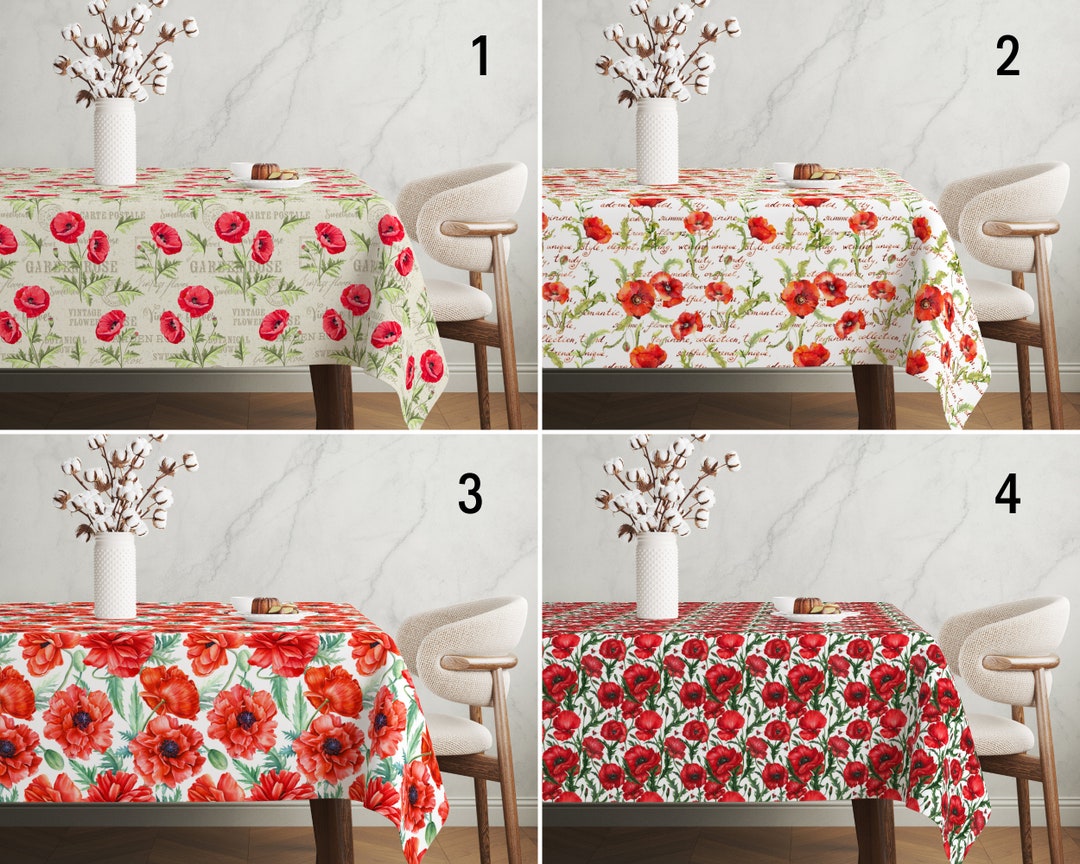 Poppy Tablecloth, Red Poppy Flower Design Spring Tablecloth, Summer