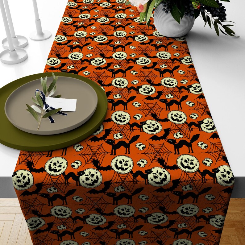Orange Black Halloween Runner, Skeleton Pumpkin Cat Bat Spider Table ...