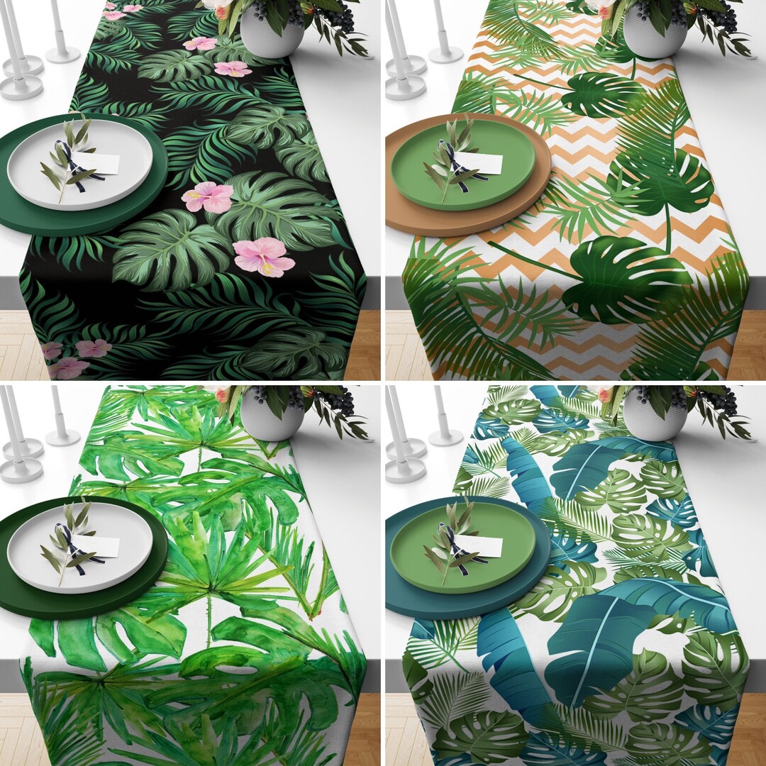 Floral Leaves Table Runner, Green Kitchen Runner, Monstera Tablecloth