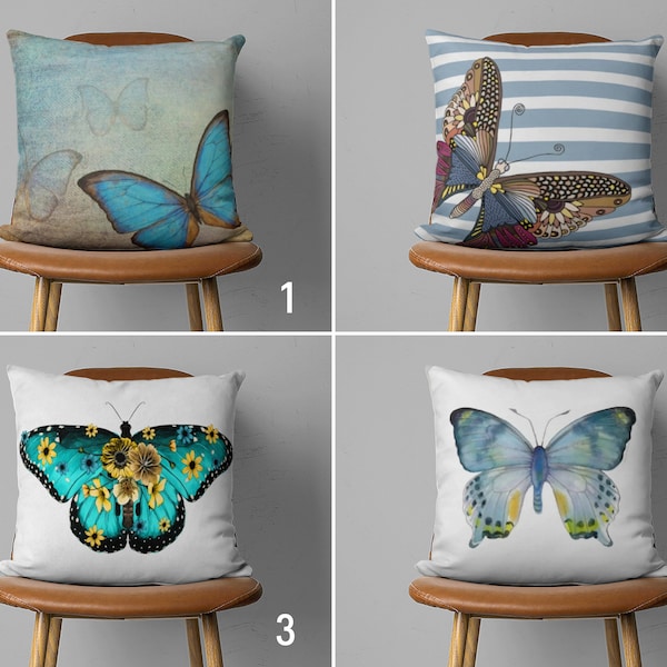 Blue Butterfly Pillow Cover, Animal Pillow Case, Butterfly Design Cushion Cover, Modern Decor, Living Room Decor, Cover Only, 16x16, 18x18