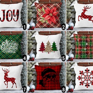 Federa per cuscino natalizia a quadri rossi e verdi, federa per cuscino natalizia a forma di cervo con albero di pino e motivo tartan e motivo a quadri di bufalo, federa per cuscino invernale con fiocco di neve di Babbo Natale