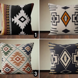 May include: Four decorative throw pillows with geometric patterns in various colors, including black, white, orange, blue, green, and brown. The pillows are arranged in a grid pattern with numbers 1 through 4 in the bottom right corner of each pillow.