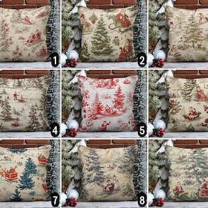 May include: Nine different Christmas-themed pillow covers with various designs featuring winter scenes, trees, and holiday figures. The pillow covers are all beige with a white trim and have a subtle, vintage-inspired look.