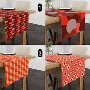 May include: Four different table runners with geometric patterns in shades of red and orange. The table runners are shown on wooden tables with chairs.