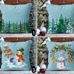 Copricuscino invernale blu, Copricuscino con pupazzo di neve e foresta di pini, Federa per cuscino natalizio innevato, Arredamento di Capodanno, Qualsiasi dimensione, 20x20, 18x18