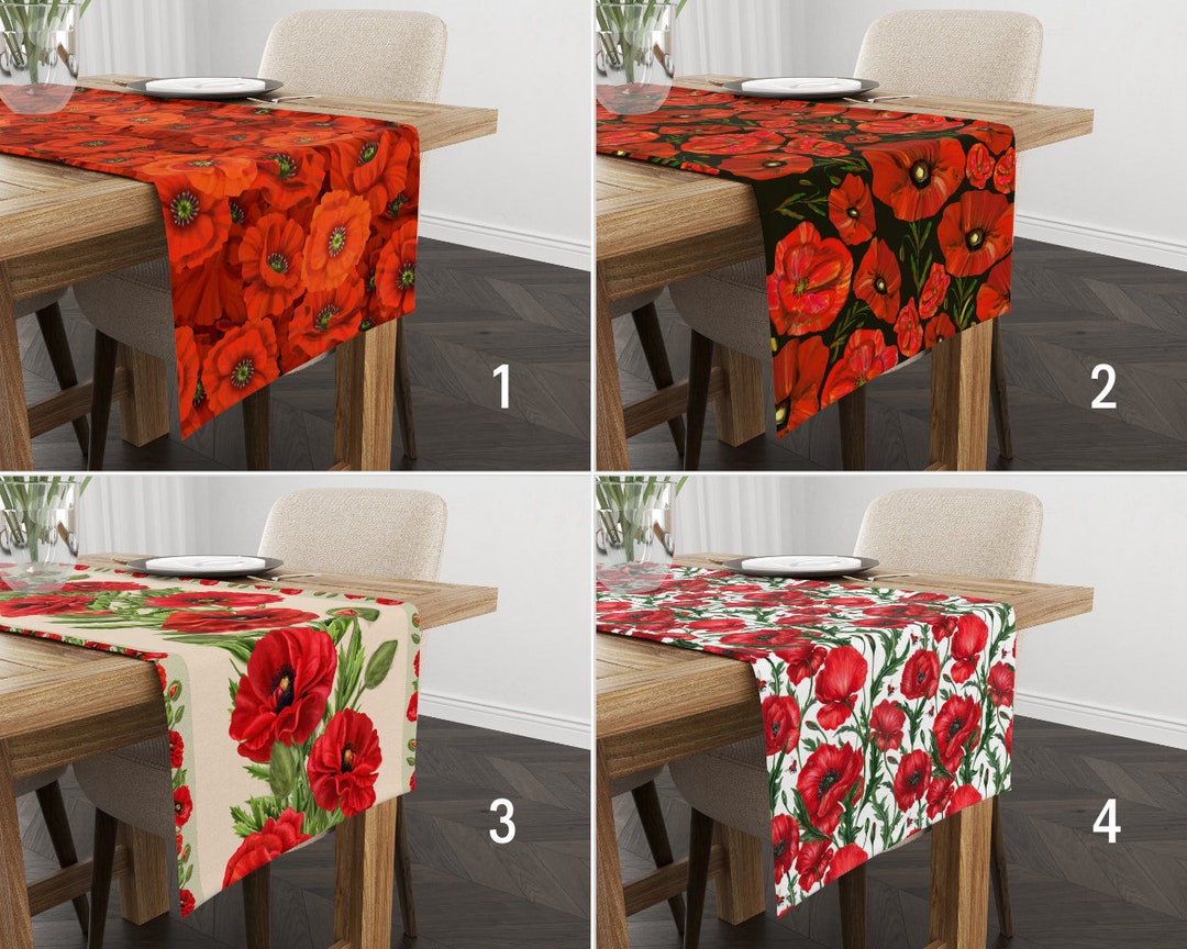 Red Poppy Table Runners, Floral Kitchen Runner, Corn Poppy Tablecloths