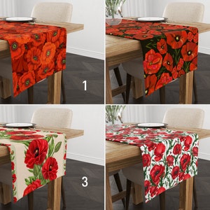 May include: Four table runners with poppy flower designs. The first runner is a vibrant orange with a dense pattern of red poppies. The second has red poppies on a black background. The third features red poppies and green leaves on a beige background. The fourth has red poppies on a white background.