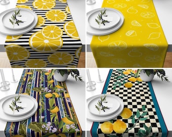 Citrondesignlöpare, citrus sommarlöpare, gul blommig duk, blommig bordsdekoration, randig och rutig matsalslöpare