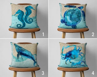 Marine Pillow Cover, Seahorse & Sea Turtle Pillow Case, Coastal Cushion Covers, Blue Watercolor House Decor, Ocean House Decor, Cover Only