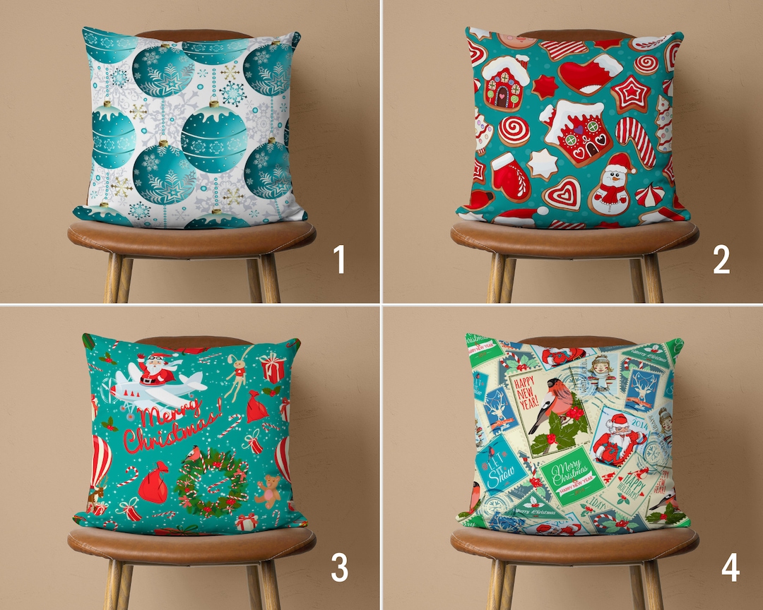 Joyful Christmas Cushion Cover, Teal & Red Xmas Ornament Pillow Cover, Festive Holiday Pillow