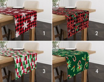 Green & Red Christmas Table Runner, Plaid Pattern Kitchen Runner, Xmas Tree and Snowflake Tablecloth, Holiday Decor, Christmas Gift