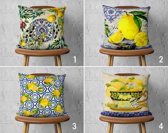 Lemon & Tile Pillow Cover, Mediterranean Style Pillow Case, Blue Yellow Cushion Cover, Farmhouse Decor, Kitchen Decor, Cover Only