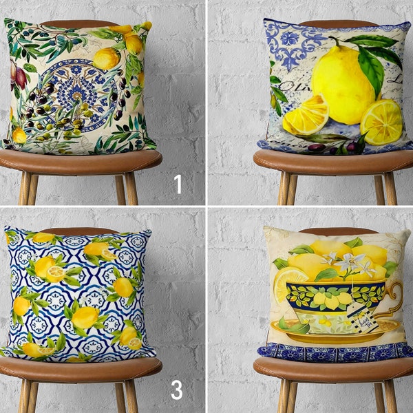 Lemon & Tile Pillow Cover, Mediterranean Style Pillow Case, Blue Yellow Cushion Cover, Farmhouse Decor, Kitchen Decor, Cover Only