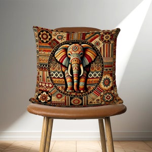 May include: A colorful throw pillow with a geometric pattern featuring an elephant in the center. The elephant is decorated with intricate details and vibrant colors.