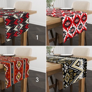 May include: Four different table runners with geometric patterns in red, black, white, gold, and blue. The runners are shown on wooden tables with a white background.
